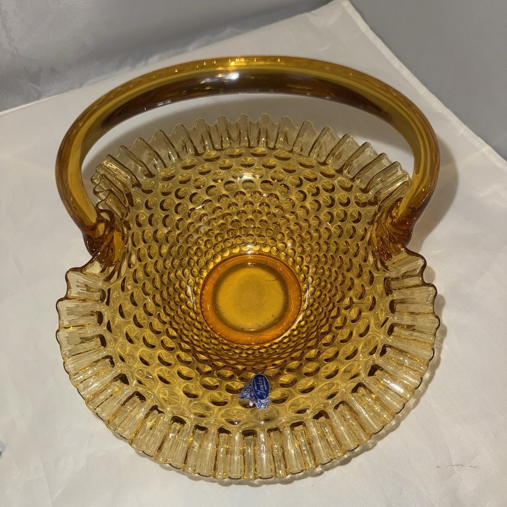 Vtg FENTON AMBER GLASS HOBNAIL RUFFLED EDGE BASKET CANDY DISH 9.5" Tall - Picture 5 of 13